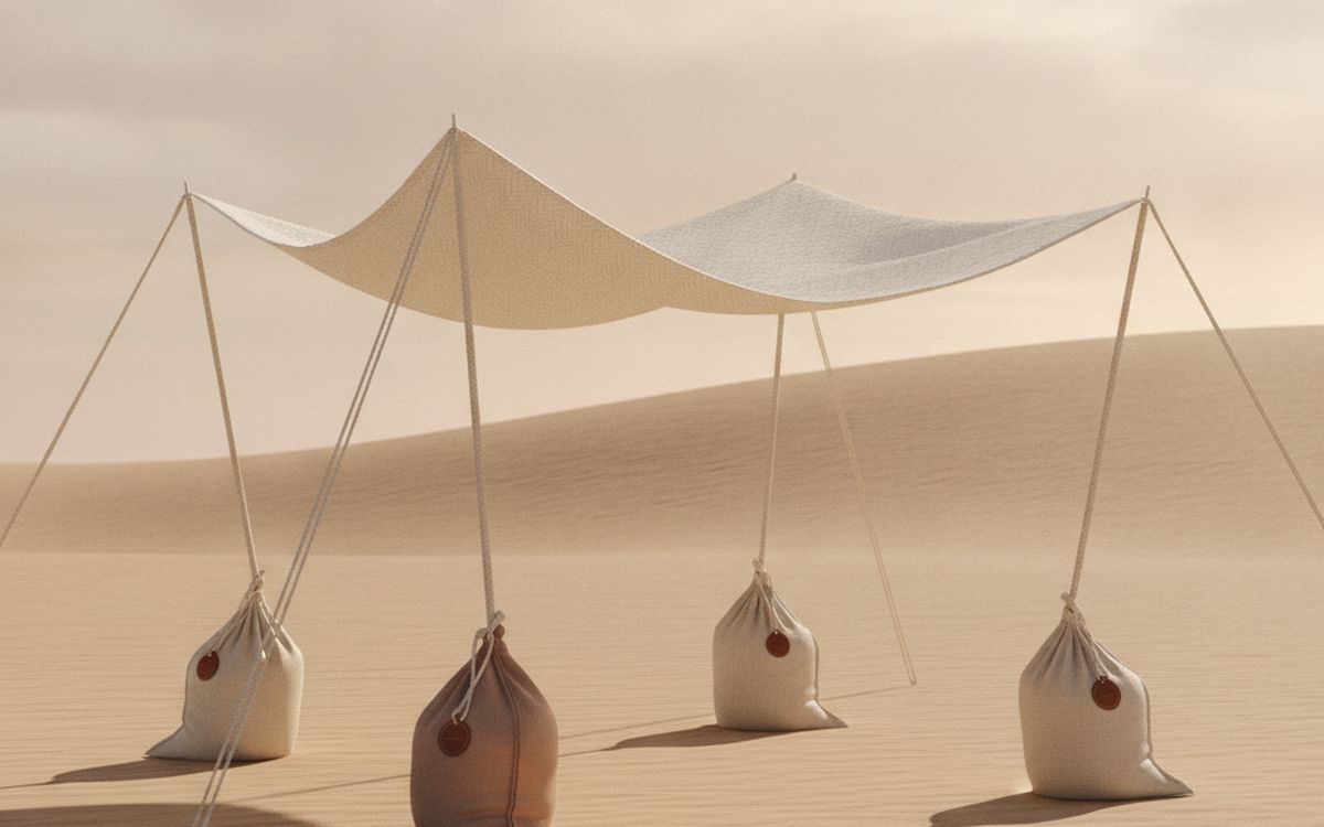 Ein sandverankerter Strand-Schatten oder Sonnenschutz