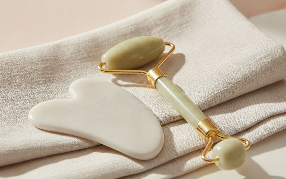 Ein Gua-Sha-Stein oder Gesichtsroller