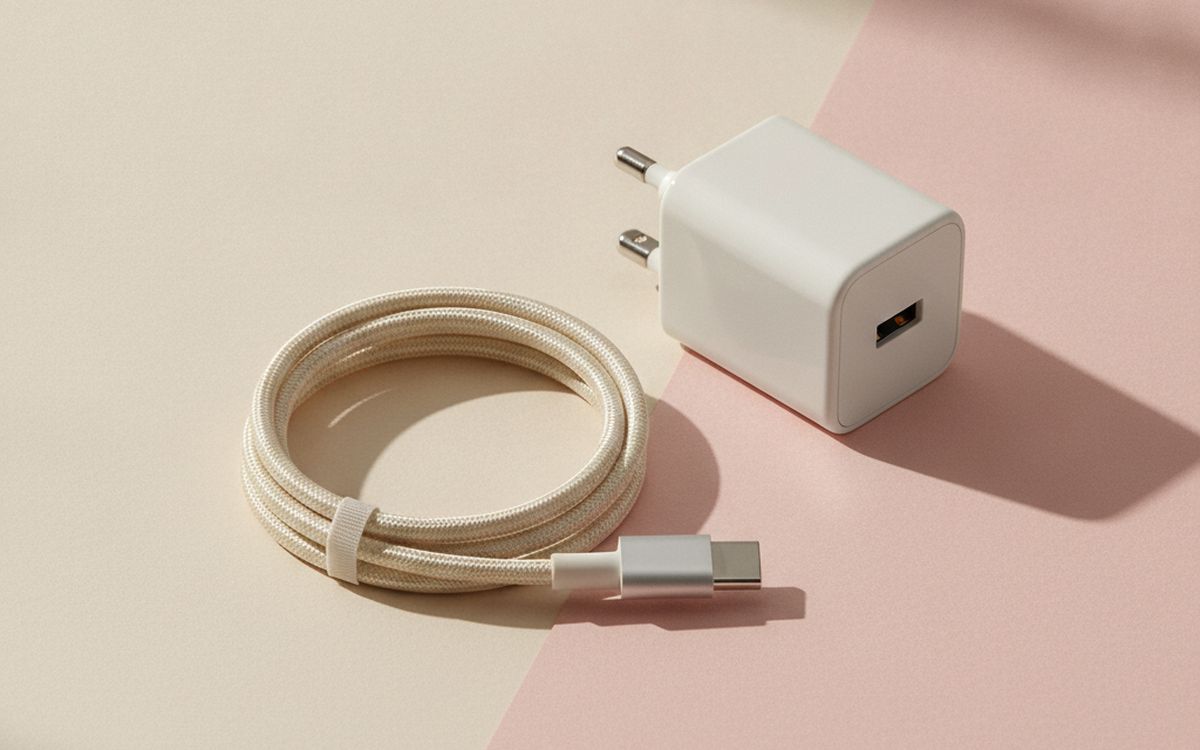 Ein kurzes USB-C-Kabel und ein kleiner Netzstecker