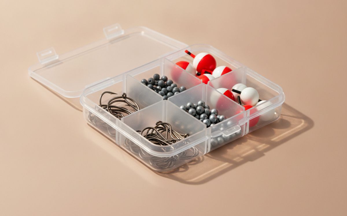 A small hook, weight and bobber assortment