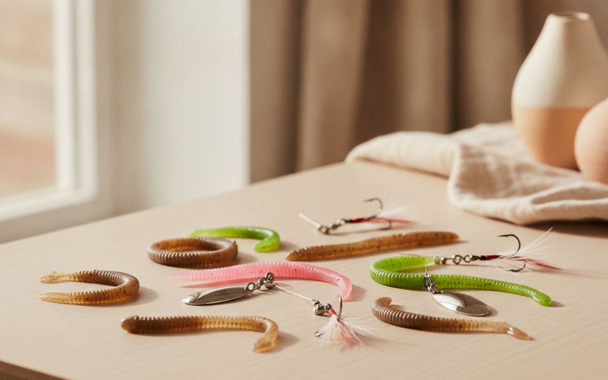 A few soft plastic lures and inline spinners