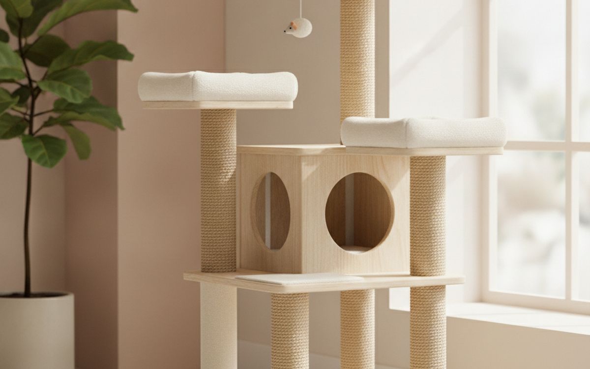 A cat tree near a window