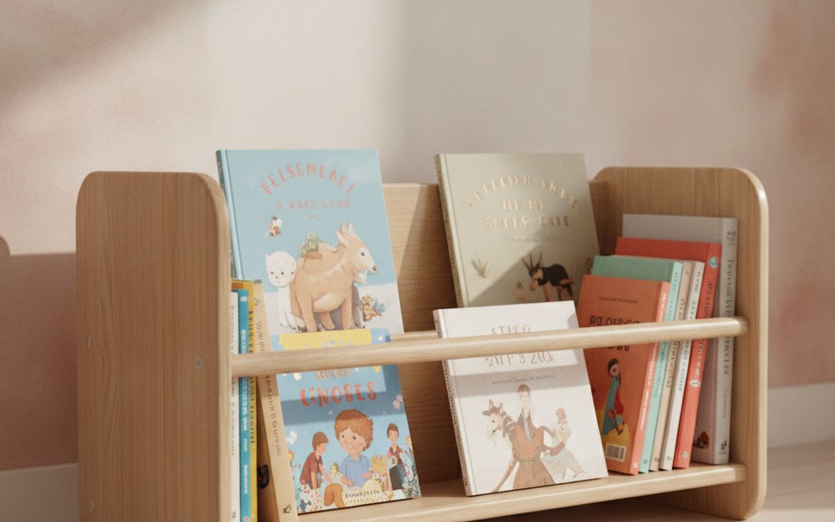 Ein stabiles, niedriges Bücherregal, das das Kind erreichen kann