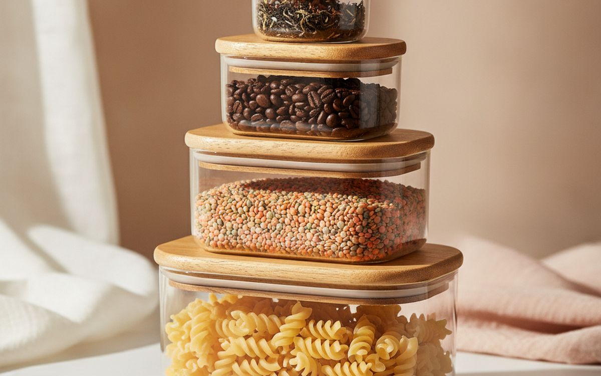 A stack of glass containers