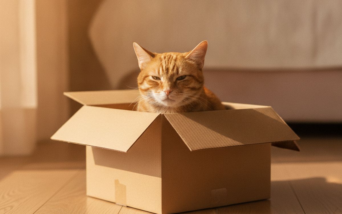 Ein Pappkarton und Katzenregale