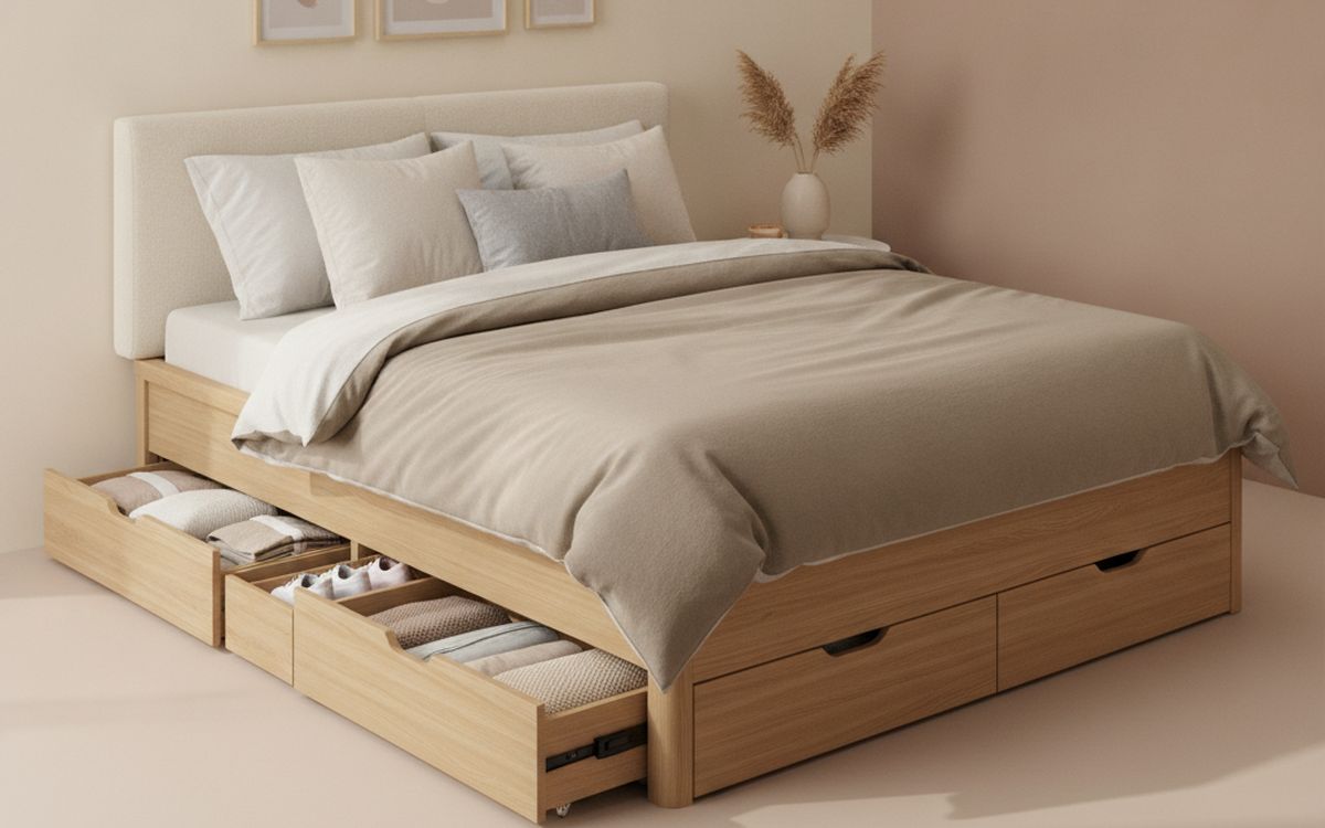 Ein Bett mit integrierten Schubladen