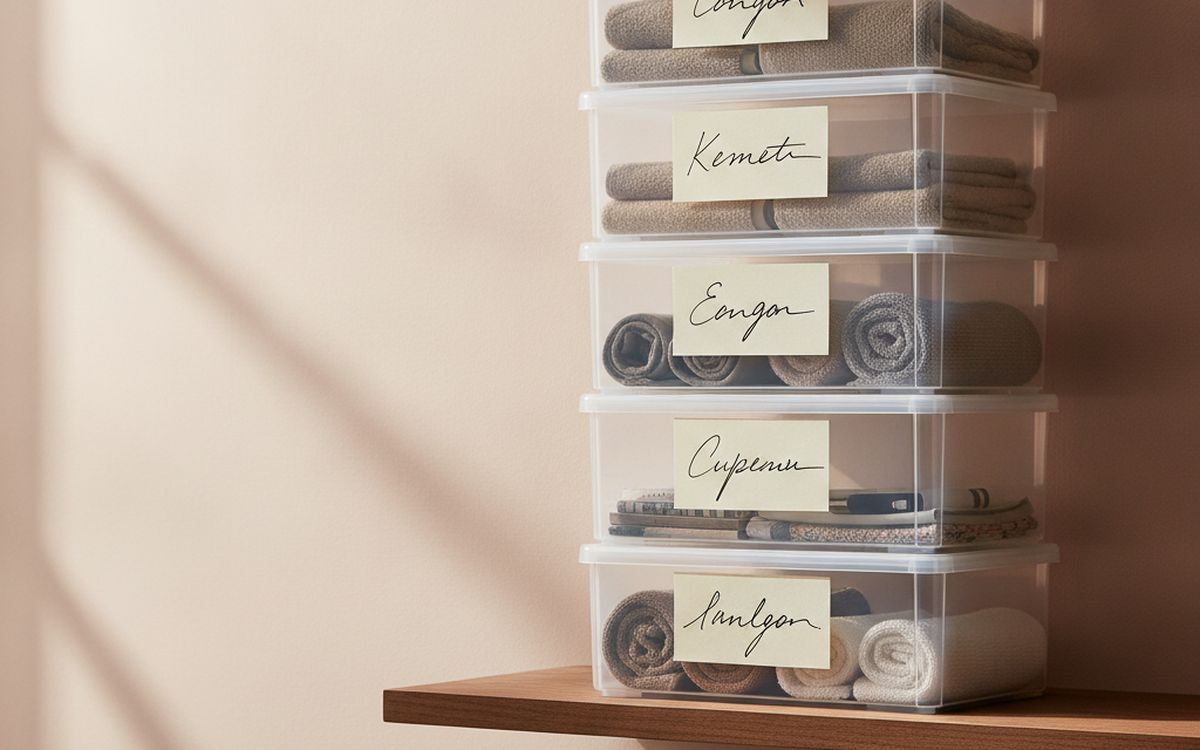 Durchsichtige, stapelbare, beschriftete Boxen