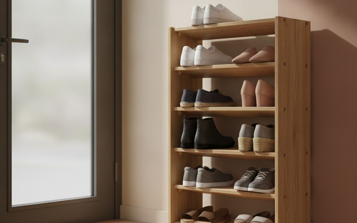 Ein Schuhregal an der Tür