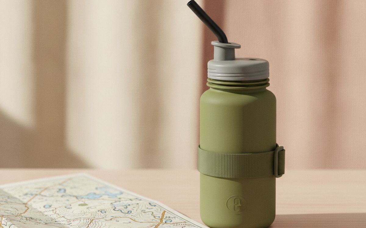 Eine nachfüllbare Wasserflasche, die sich falten oder flach verpacken lässt