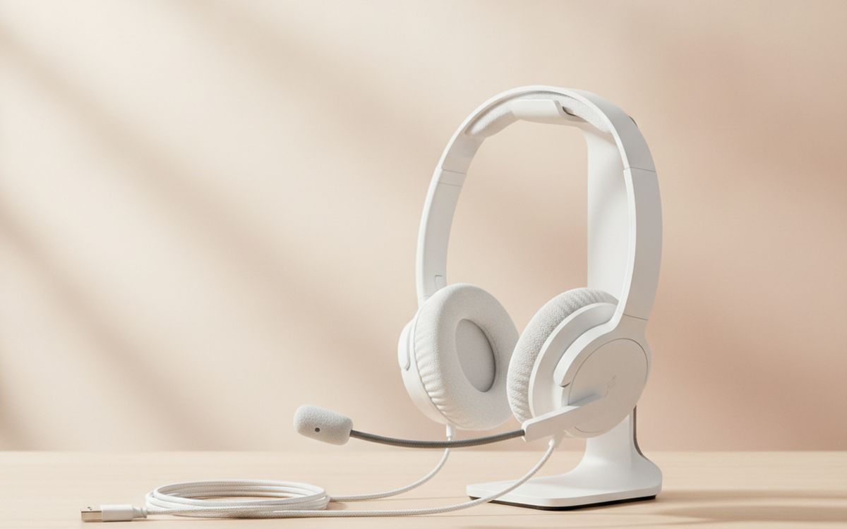 A wired or USB headset with a boom mic